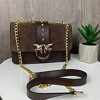 Жіноча міні сумочка клатч замшева Pinko коричнева сумка на плече Пінко пташки з натурального замшу Adwear