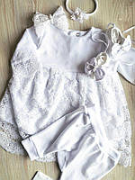 Крестильное платье из 100% хлопкового велюра (платье, штанишки, шапочка, пинетки)