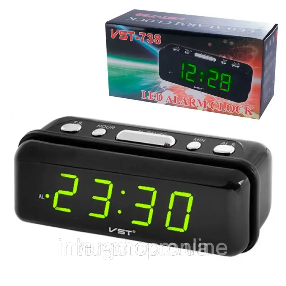 Настільний годинник VST-738-1, 220V, з зеленим підсвічуванням / Мережевий годинник з будильником / Електронний годинник