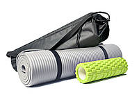 Набір для йоги та фітнесу, килимок з чохлом NBR 1730x580x10 мм та масажний валик МФР ролик 30х10 см синій для масажу спини і тіла