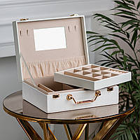 Шкатулка органайзер для украшений бижутерии прямоугольная с зеркальцем чемодан из экокожи Белая