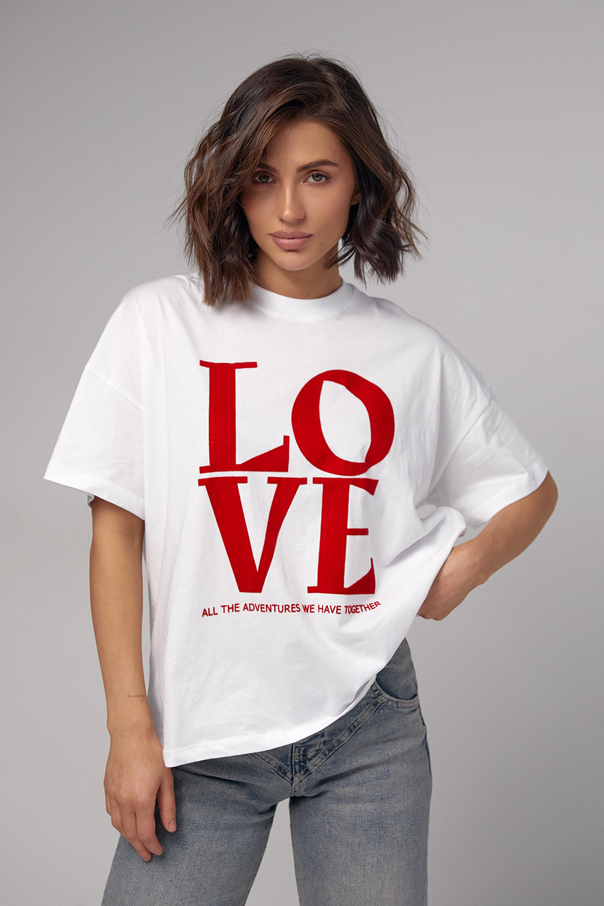 Жіноча бавовняна футболка з написом LOVE — білий колір, L (є розміри)