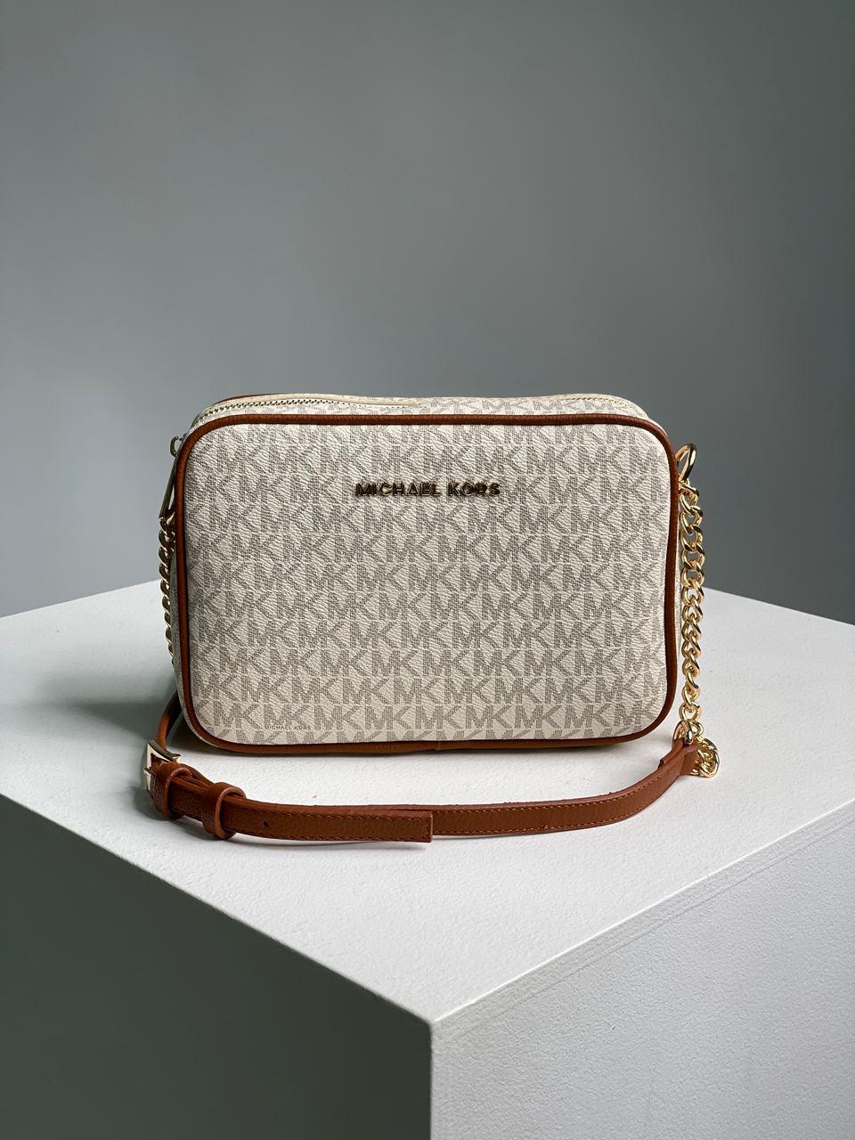 Жіноча сумка Майкл Корс бежева Michael Kors Beige Jet Set Medium Logo Crossbody
