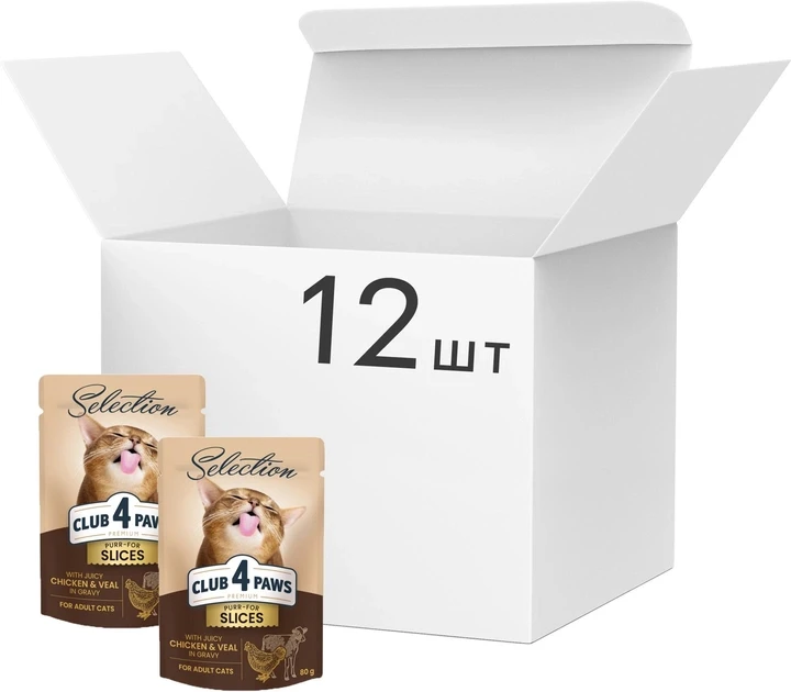 БЛОК 12 шт Клуб 4 Лапи Premium Plus Selection вологий корм з куркою і телятиною в соусі для котів 0,08кг, фото 1
