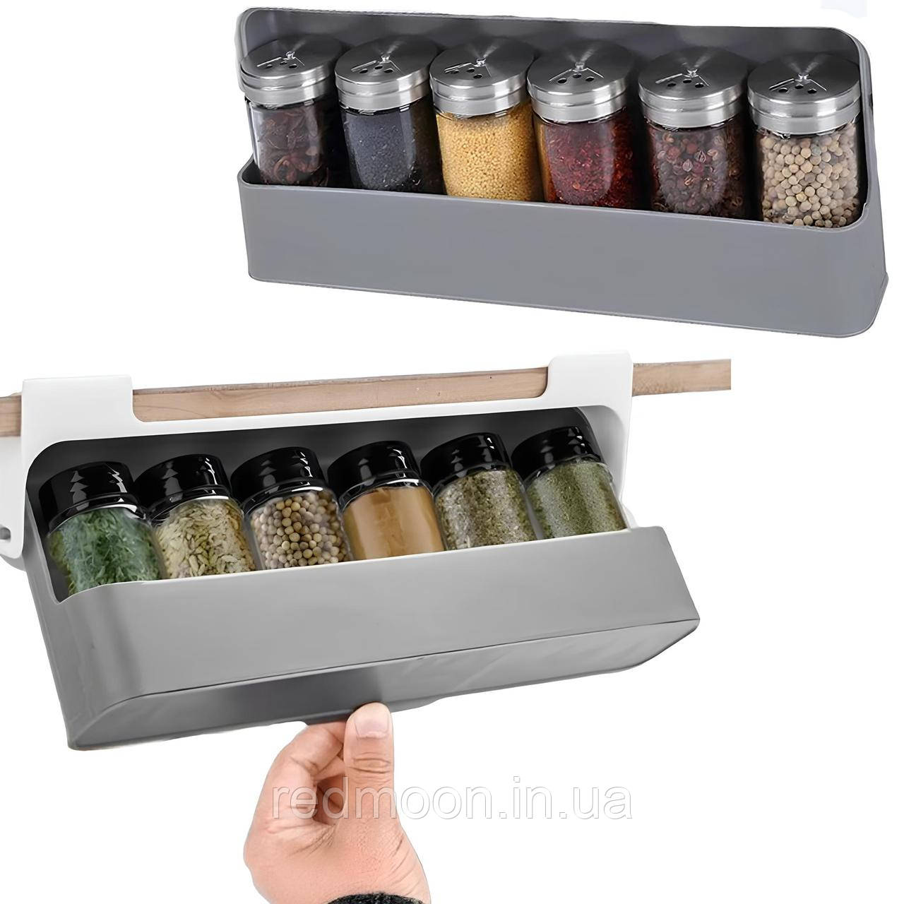 Підвісний органайзер для зберігання спецій з 6 баночками SPICE RACK / Полиця для приправ / Баночки для спецій