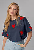 Жіноча футболка oversize із сердечками — темно-сірий колір, L (є розміри)