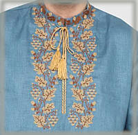 Голубая патриотичная вышиванка мужская из льна длинный рукав 48-56р