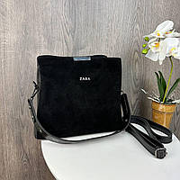 Женская замшевая сумка стиль Zara, сумочка Зара черная натуральная замша высокое качество