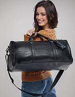 Большая женская дорожная городская сумка для вещей ручной клади черная рептилия высокое качество