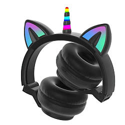 Бездротові навушники LED з вушками єдиноріг STN-27, Чорний / Дитячі бездротові блютуз навушники