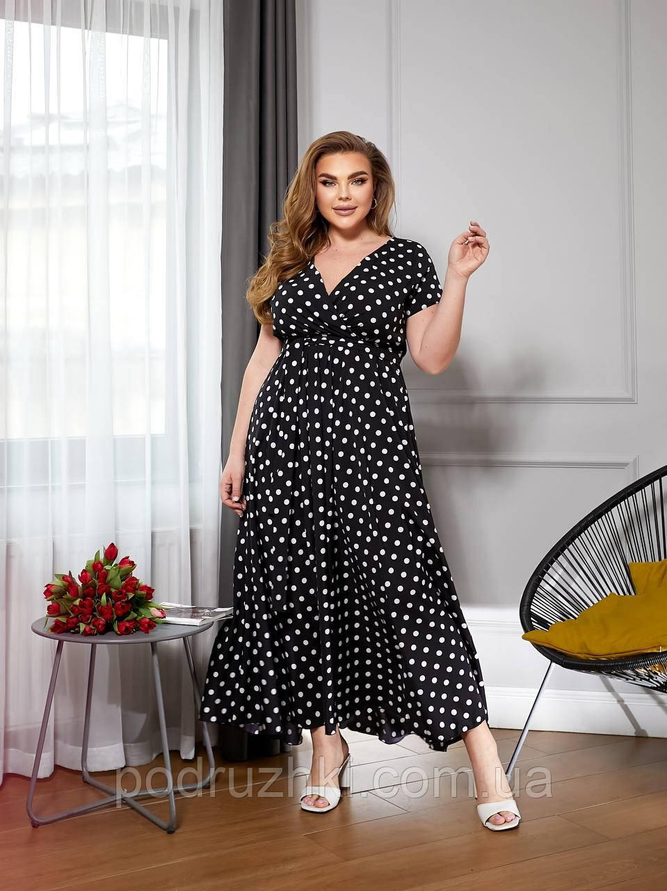 Довга сукня жіноча літня Тканина софт принт горох Розміри 50-52,54-56,58-60,62-64, фото 1