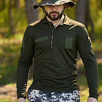Тактический летний лонгслив с воротником Fling/ Мужская оливковая кофта с липучками/ Военная реглан - футболка