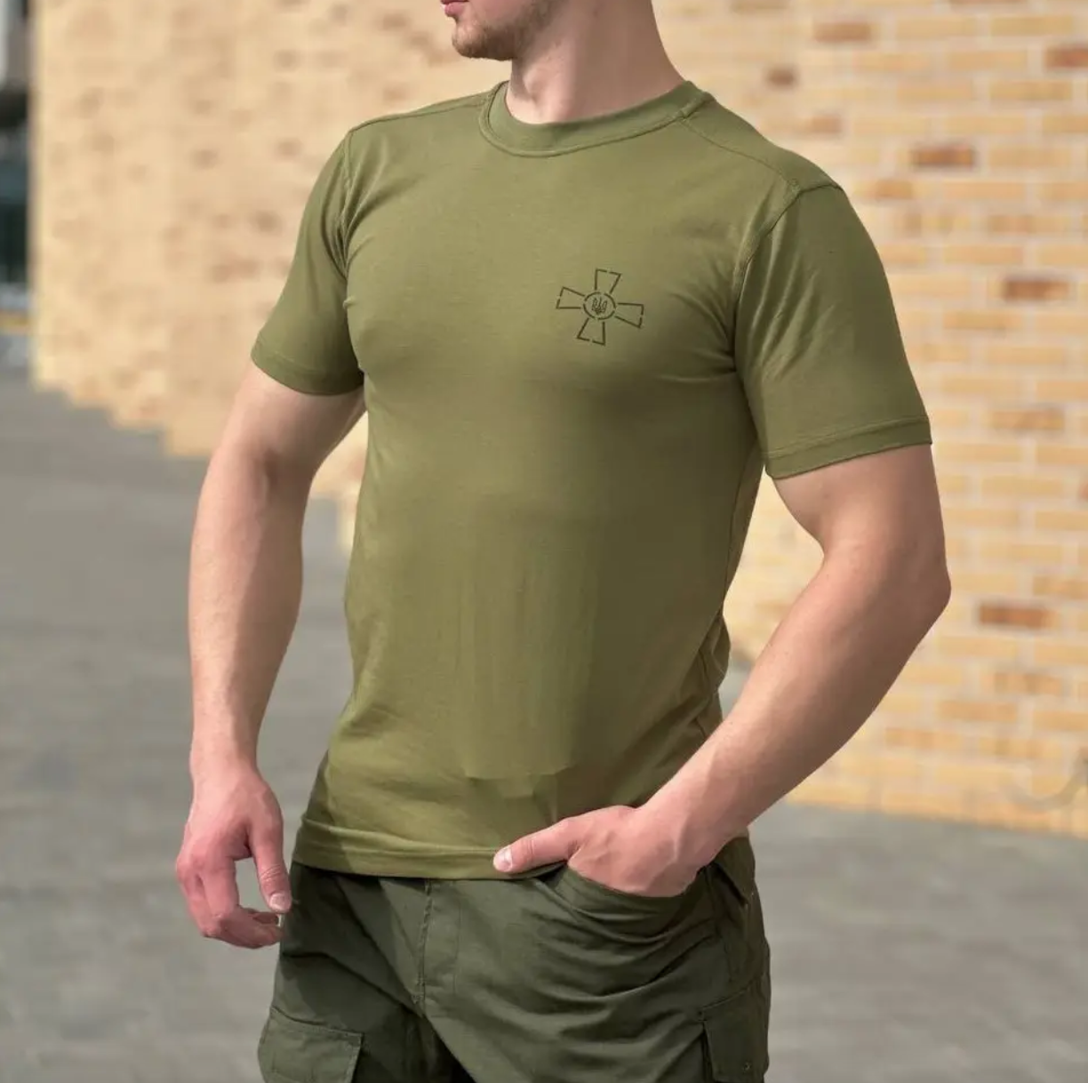 Армейська чоловіча футболка ВСУ олива з хрестом 44-62р тактична футболка бавовняна