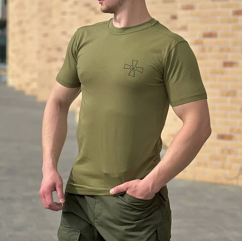 Армейська чоловіча футболка ВСУ олива з хрестом 44-62р тактична футболка бавовняна, фото 1