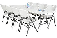 ПРАКТИЧНЫЙ и КОМПАКТЫЙ НАБОР Стол 180см + 8 раскладных пластиковых стульев со стальным каркасом Белый Польша