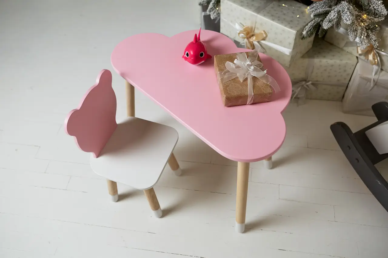 Дитячий комплект столик Хмарка (Рожевий) та стільчик Ведмедик (Рожевий з білим)