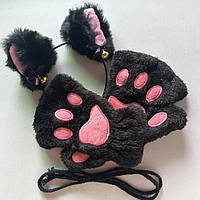 Набор черные перчатки без пальцев кошачьи лапки митенки обруч с ушками кошачьи ушки аниме косплей