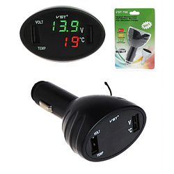 Автомобільний термометр вольтраметр USB-заряджання VST 708-2 чорний у прикурювач