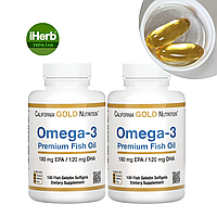 California Gold Nutrition, омега-3, преміальної якості, 180 мг ЕПК / 120 мг ДГК, 2 упаковки по 100 капсул