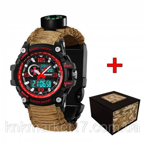Тактичний багатофункціональний годинник Patriot 012BKRDSU ЗСУ Чорні з червоним Паракордовий ремінець Khaki + Коробка, фото 1