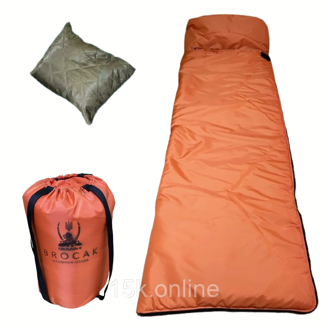 Туристичний спальник ковдра літній оранжевий з капюшоном і подушкою 220х75 см, фото 1