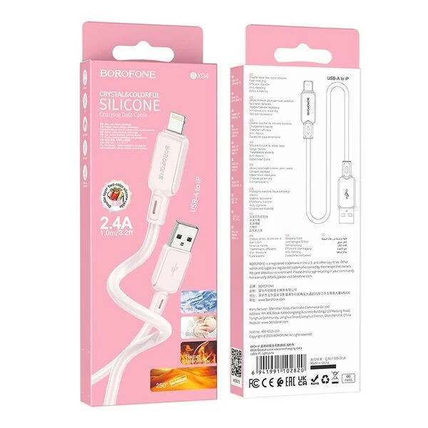 Кабель Borofone BX94 Crystal color PD silicone data cable Lightning 3A 1m light pink