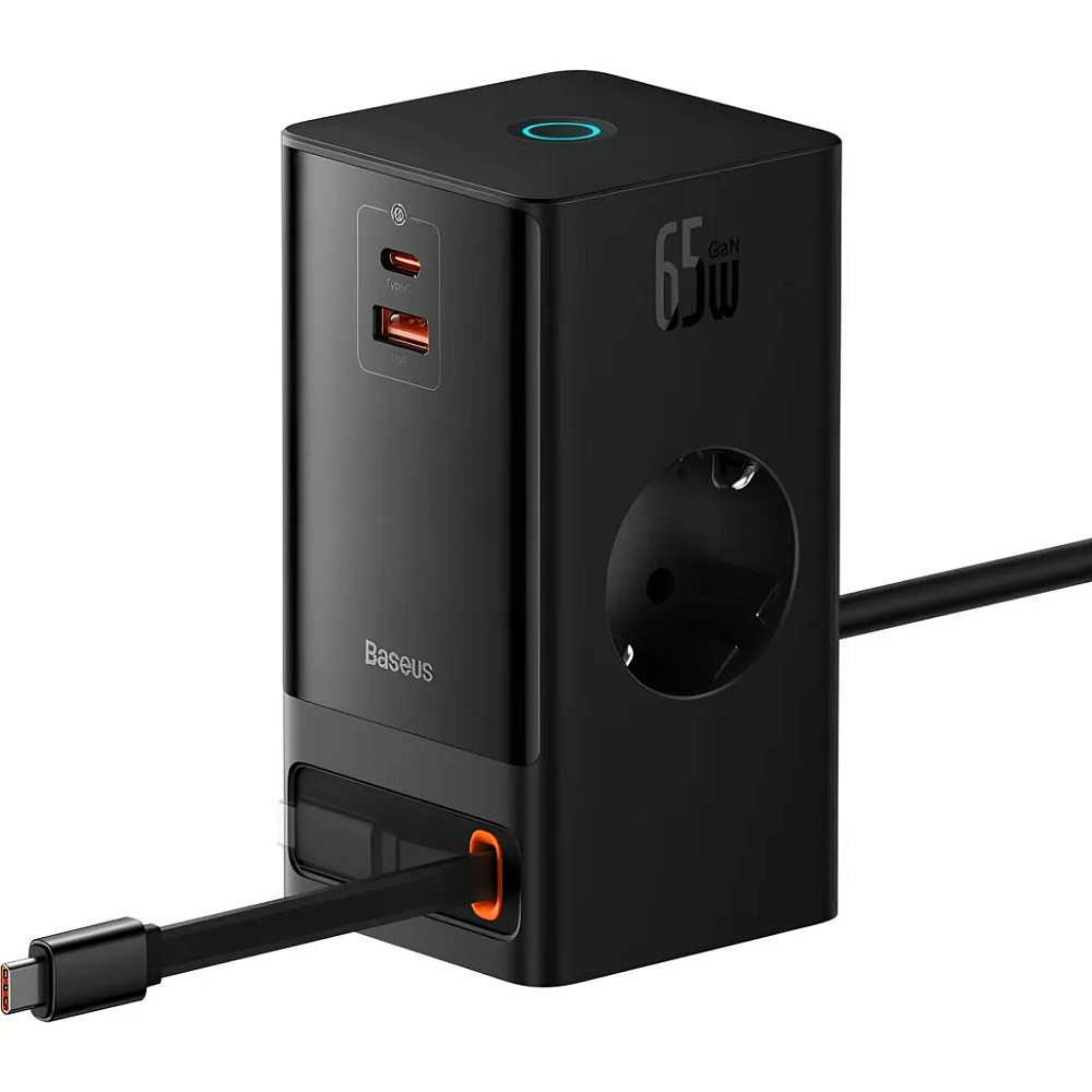 Мережевий зарядний пристрій Baseus PowerCombo Digital PowerStrip 2AC+1U+1C+Retractable-C 65W EU Black