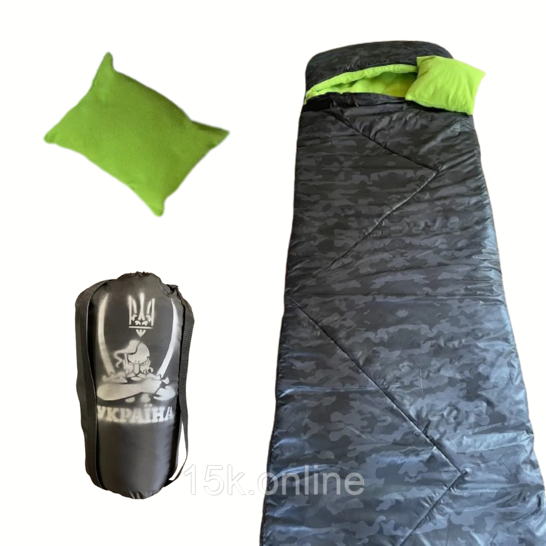 Спальний мішок на флісі -20 чорний камуфляж спальник ковдра з капішоном зима весна 220х75 см, фото 1