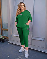 Женский спортивный летний костюм больших размеров. Футболка и бриджи. Размеры 48-50,52-54,56-58,60-62 зеленый