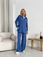 Женский легкий летний костюм рубашка и штаны больших размеров синий 42-44; 46-48; 50-52; 54-56