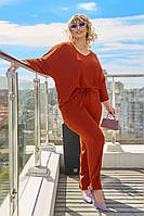 Женский летний брючный костюм больших размеров терракот. Блуза и брюки. Размеры 50-52-54 ; 56-58-60