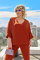 Жіночий літній костюм великих розмірів терракотовий. Блуза та штани. Розміри 50-52-54 ; 56-58-60