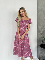Красивое летнее легкое платье женское в горошек с открытыми плечами. Размер 42, 44,46,48,50