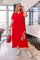 Женское модное прямое платье миди больших размеров свободное красное. Розміри: 50-52, 54-56,58-60,62-64