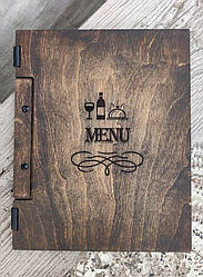 Папка дерев'яна для меню (А4) на шкіряних петлях (фанера 6 мм), колір коричневий