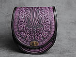 Жіноча шкіряна сумка ручної роботи з тисненим орнаментом «Калина», фіолетово-чорна сумка з натуральної шкіри, 20*21*8 см, фото 6