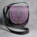 Жіноча шкіряна сумка ручної роботи з тисненим орнаментом «Калина», фіолетово-чорна сумка з натуральної шкіри, 20*21*8 см, фото 9