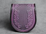 Жіноча шкіряна сумка ручної роботи з тисненим орнаментом «Калина», фіолетово-чорна сумка з натуральної шкіри, 20*21*8 см, фото 4
