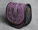 Жіноча шкіряна сумка ручної роботи з тисненим орнаментом «Калина», фіолетово-чорна сумка з натуральної шкіри, 20*21*8 см, фото 7