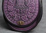 Жіноча шкіряна сумка ручної роботи з тисненим орнаментом «Калина», фіолетово-чорна сумка з натуральної шкіри, 20*21*8 см, фото 8