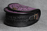 Жіноча шкіряна сумка ручної роботи з тисненим орнаментом «Калина», фіолетово-чорна сумка з натуральної шкіри, 20*21*8 см, фото 5