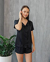 Женский черный домашний комплект рубашка + шорты,шелковая однотонная летняя пижама для дома