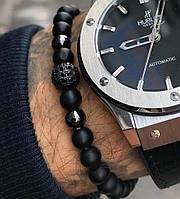 Мужские браслеты из натуральных камней и кожи minimalism черные (комплект) высокое качество