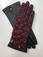 Женские кожаные перчатки без подкладки из натуральной кожи (лайка) с гипюровой вставкой