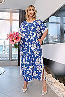 Женское прямое платье летнее длинное больших размеров свободное синее . Розміри: 50-52, 54-56,58-60,62-64
