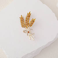 Золотистая патриотическая тройная брошь Колосья пшеницы с кристаллами символ Украины желтая
