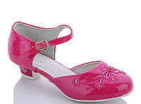 Розовые лаковые туфли для девочки на каблуке танцевальные 34