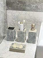 Дозатор, мыльница и стаканы, Набор кераминых аксессуаров для ванной комнаты, Бежевый узор (текстура) ALLI2191