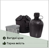 Тактическая пластиковая фляга 0,9л, Mil-Tec US с чехлом и чашкой, черный