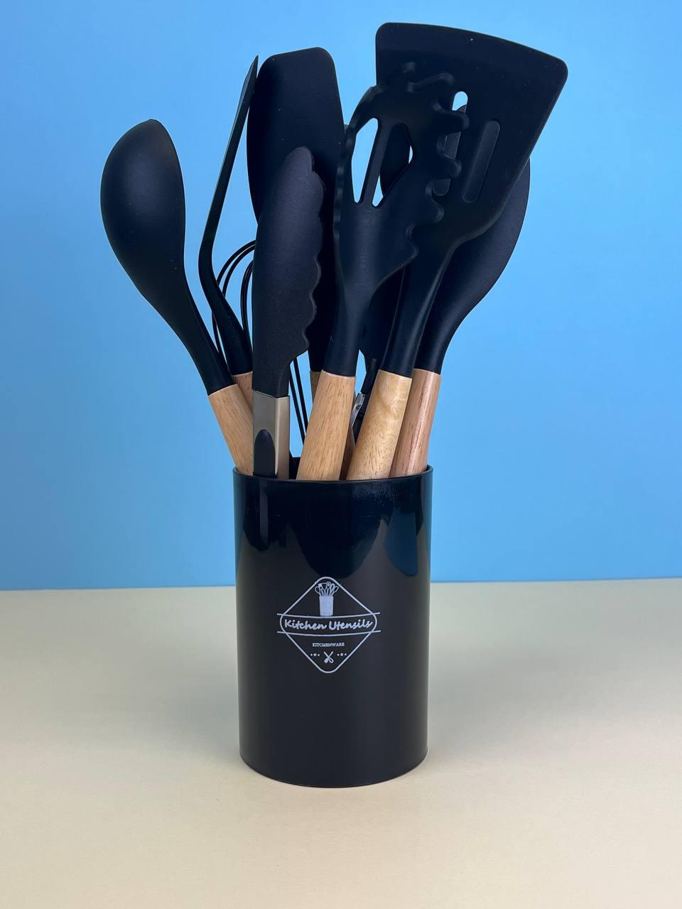 Силіконовий кухонний набір із підставкою на 12 предметів Kitchen Set, чорний